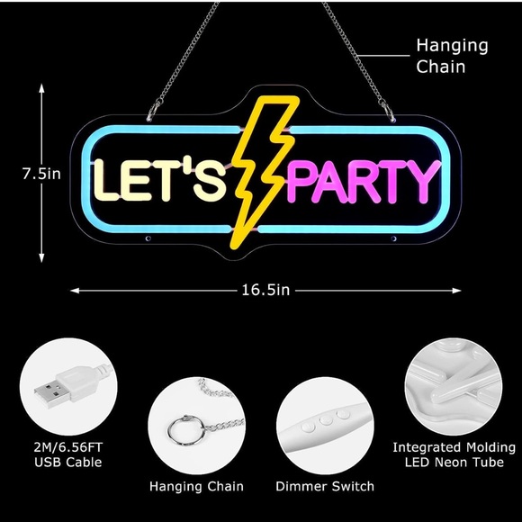 Lets Party Neon Sign, Dimmable Neon Lights Signs for Wall Decor, LED Neon Signs, - Picture 9 of 11